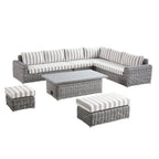 Bellagio Round Wicker Large Corner Casual Dining Set with Rising Table, Light Grey with Taupe Stripes