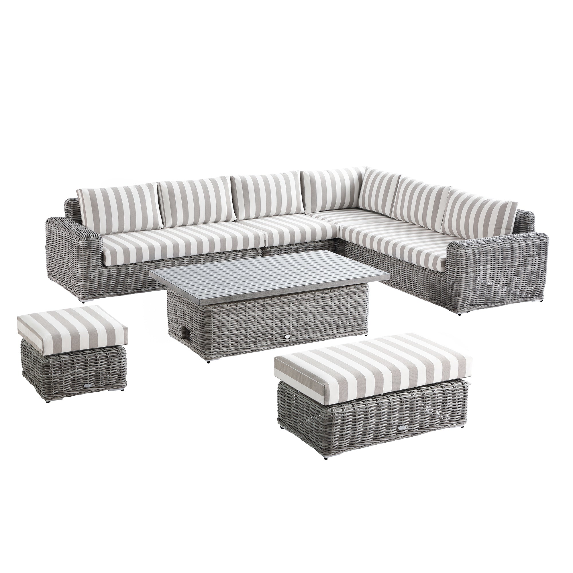 Bellagio Round Wicker Large Corner Casual Dining Set with Rising Table, Light Grey with Taupe Stripes