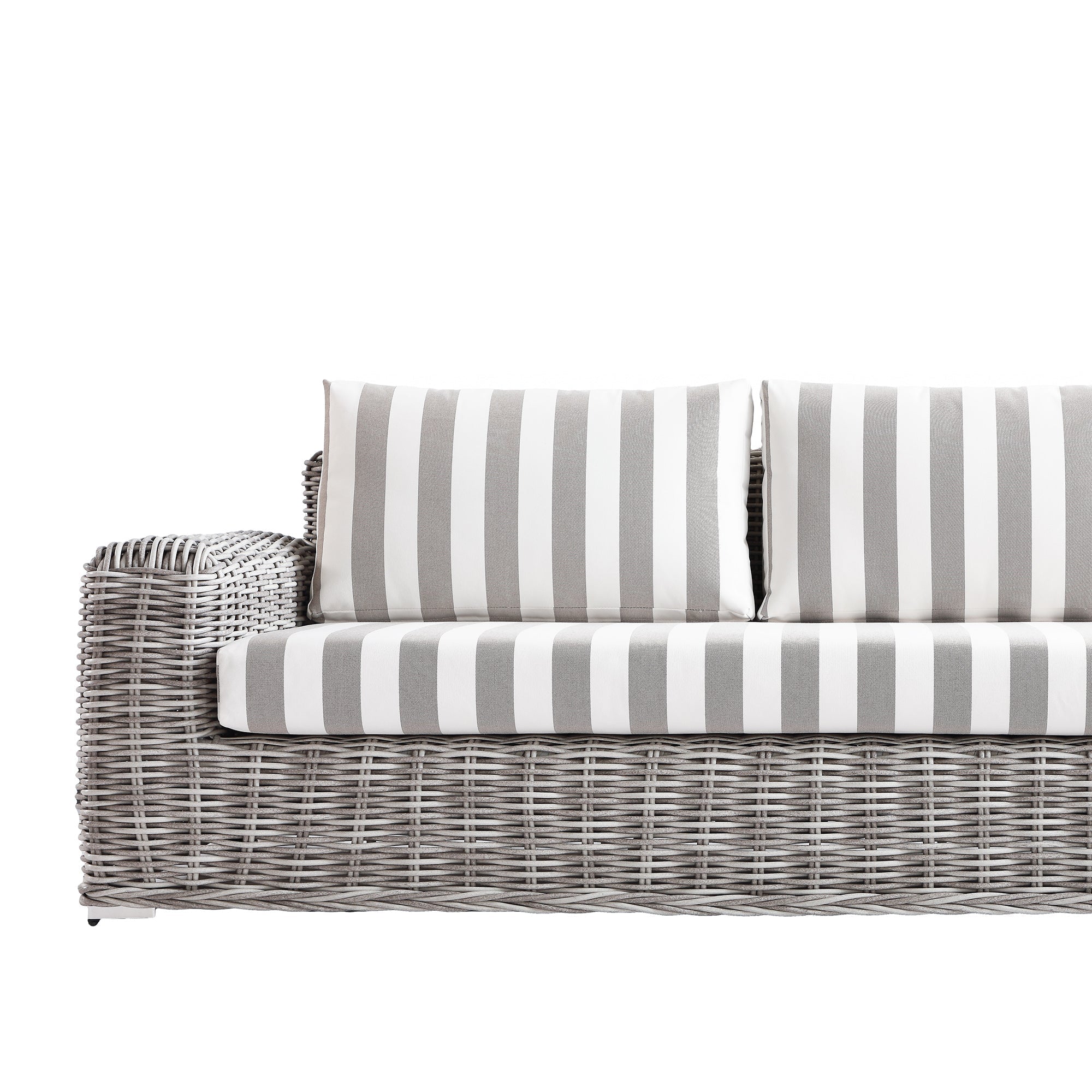 Bellagio Round Wicker Large Corner Casual Dining Set with Rising Table, Light Grey with Taupe Stripes