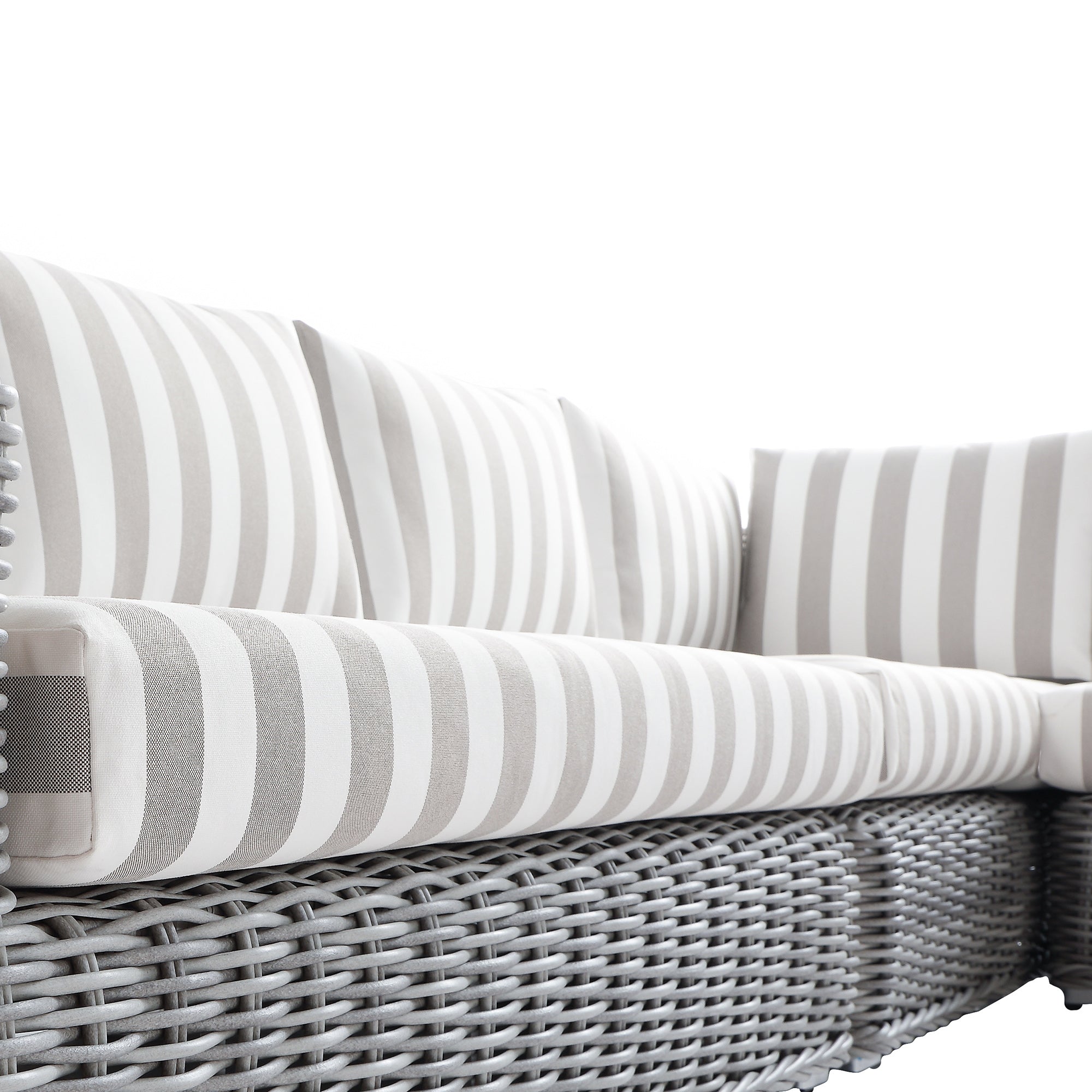 Bellagio Round Wicker Large Corner Casual Dining Set with Rising Table, Light Grey with Taupe Stripes