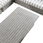 Bellagio Round Wicker Large Corner Casual Dining Set with Rising Table, Light Grey with Taupe Stripes