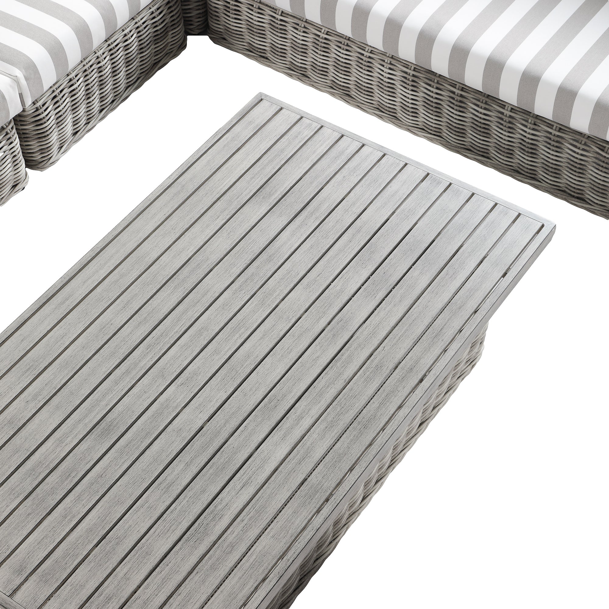 Bellagio Round Wicker Large Corner Casual Dining Set with Rising Table, Light Grey with Taupe Stripes