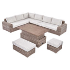 Bellagio Round Wicker Large Corner Casual Dining Set with Rising Table, Natural