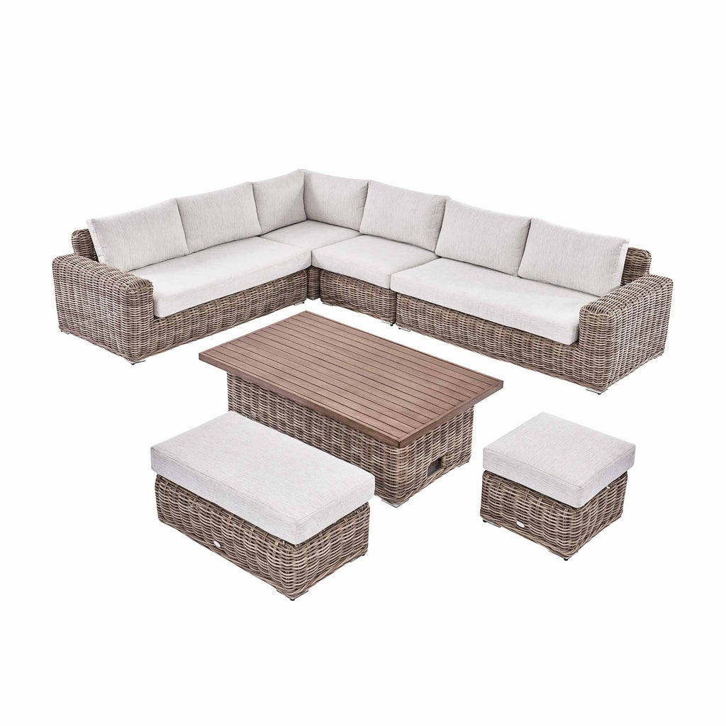 Bellagio Round Wicker Large Corner Casual Dining Set with Rising Table, Natural