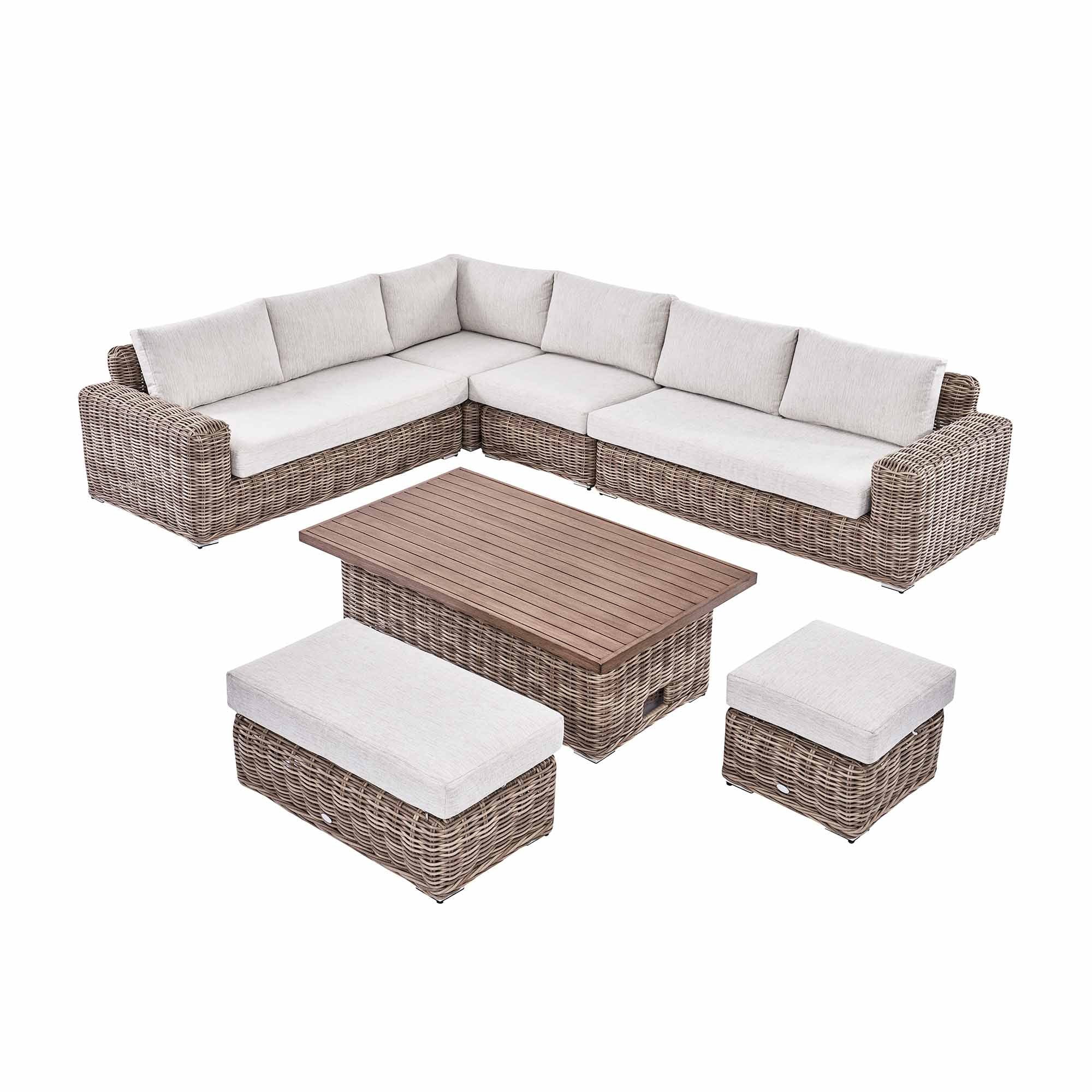 Bellagio Round Wicker Large Corner Casual Dining Set with Rising Table, Natural