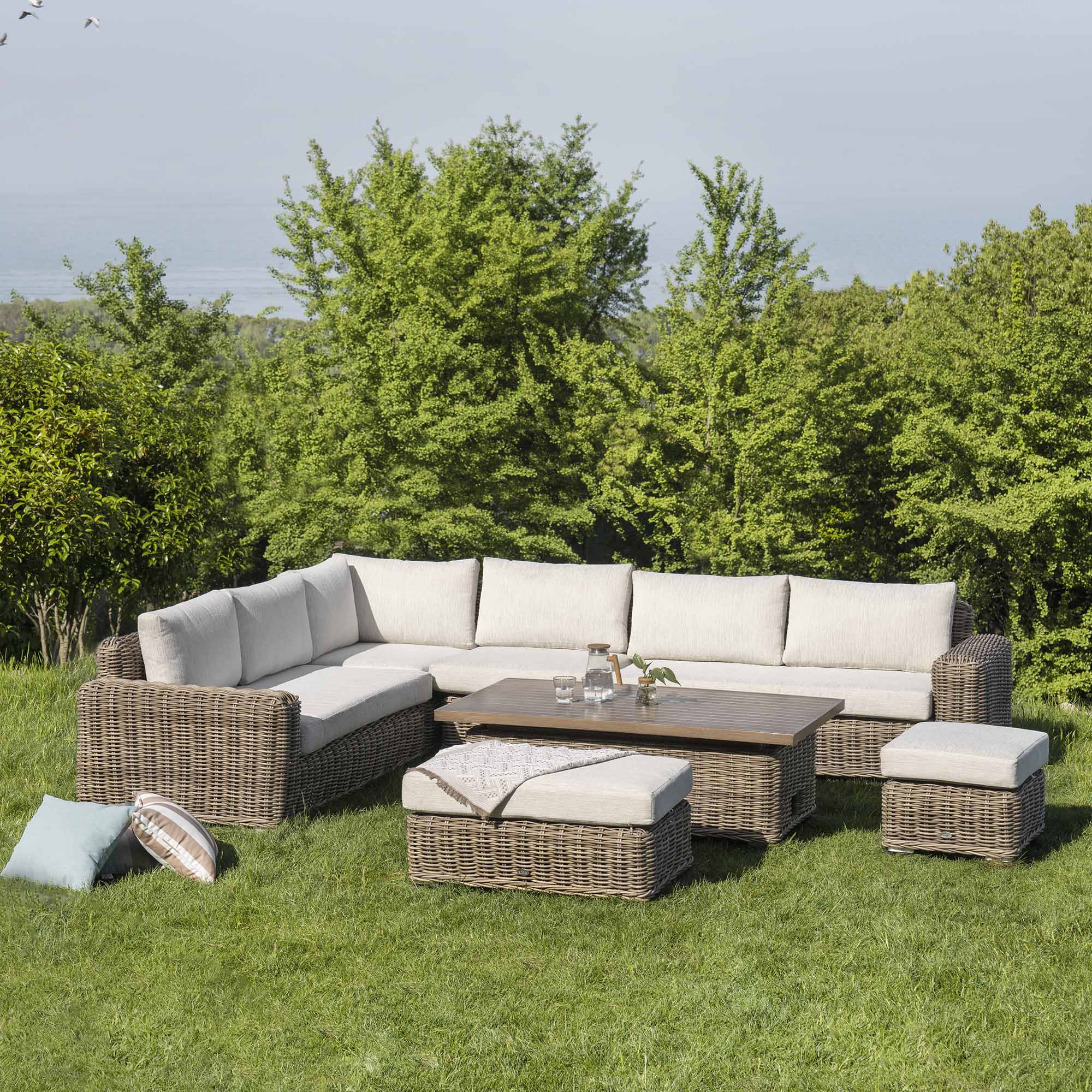 Bellagio Round Wicker Large Corner Casual Dining Set with Rising Table, Natural