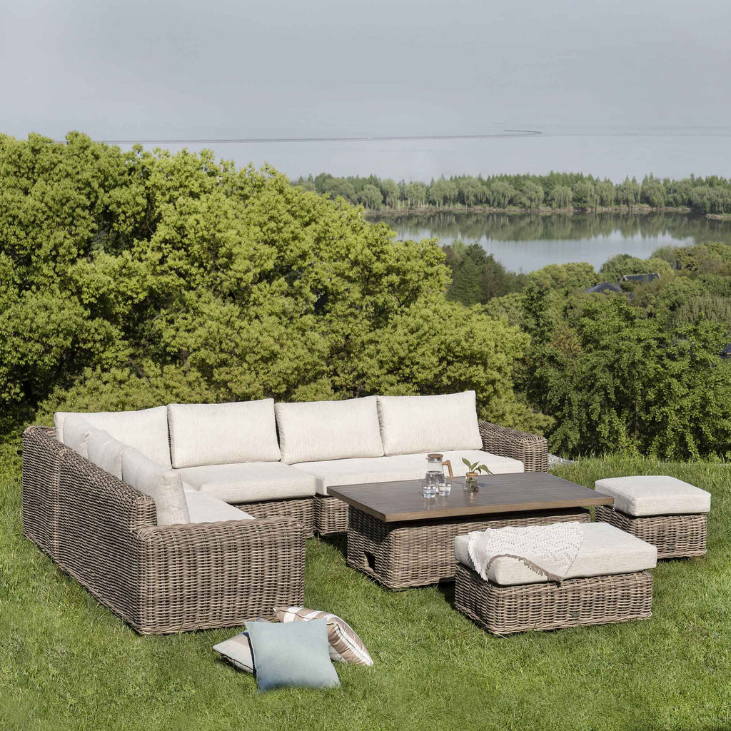 Bellagio Round Wicker Large Corner Casual Dining Set with Rising Table, Natural