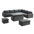 Bellagio Round Wicker Large Corner Casual Dining Set with Rising Firepit Table, Dark Grey