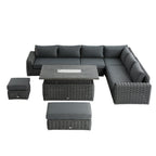 Bellagio Round Wicker Large Corner Casual Dining Set with Rising Firepit Table, Dark Grey