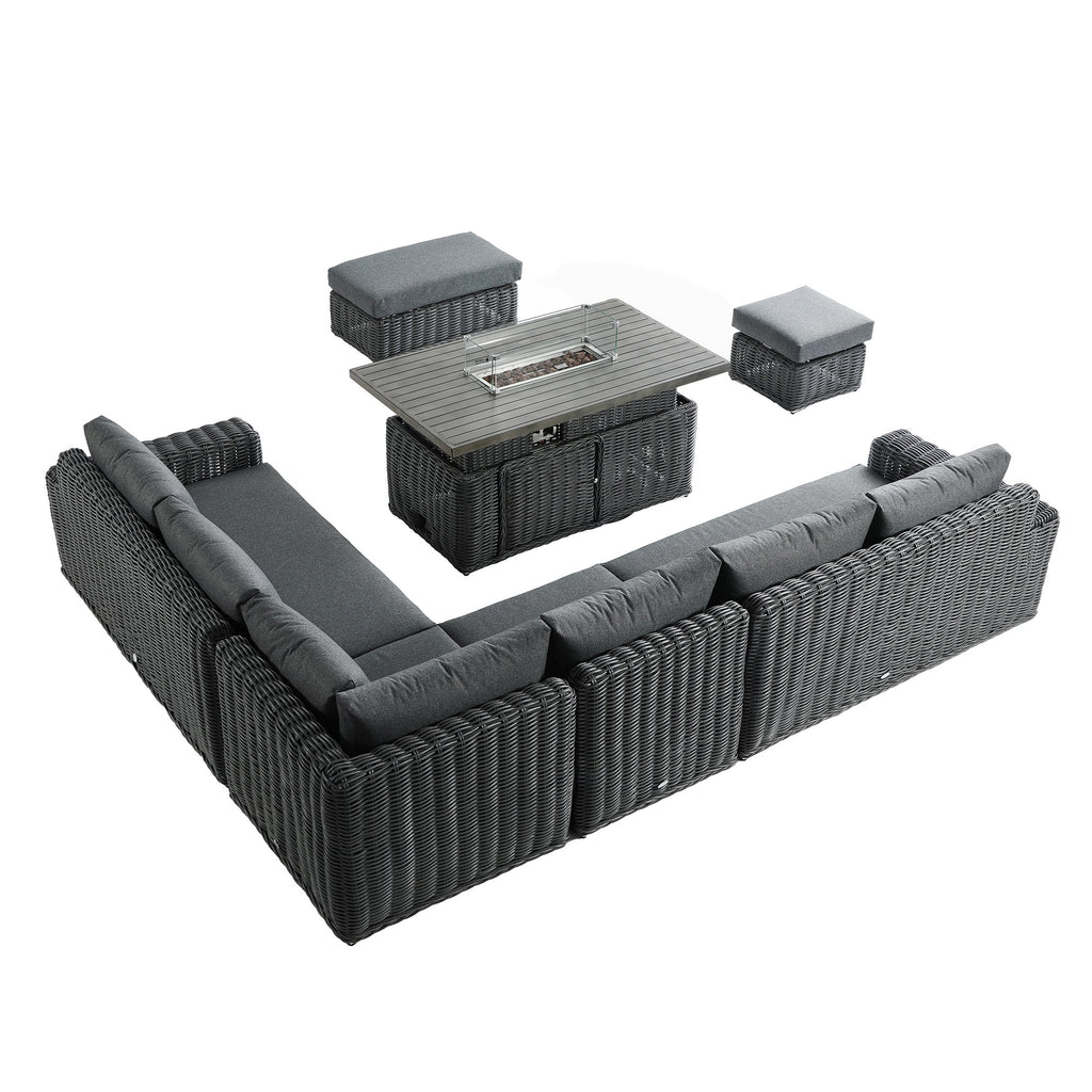 Bellagio Round Wicker Large Corner Casual Dining Set with Rising Firepit Table, Dark Grey