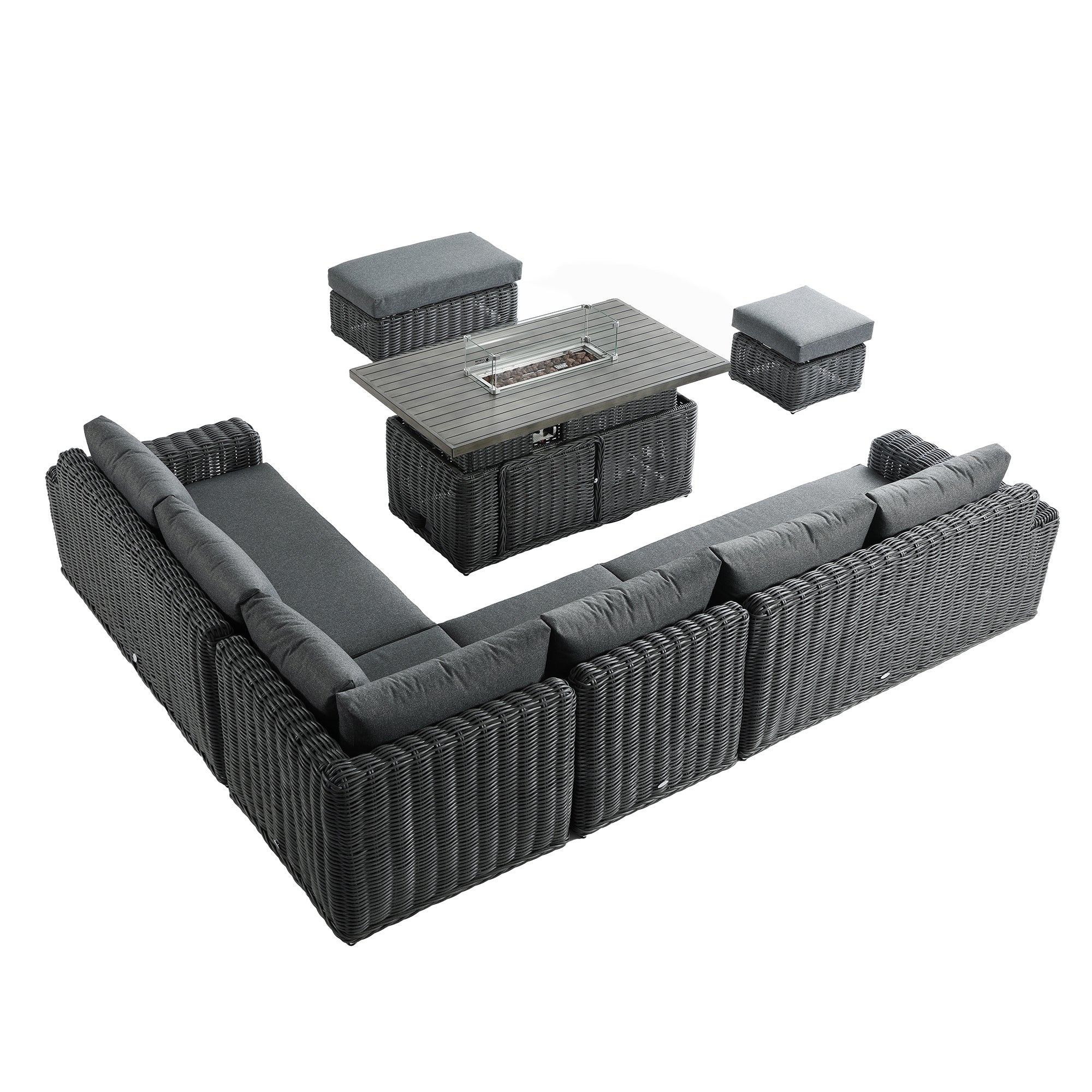 Bellagio Round Wicker Large Corner Casual Dining Set with Rising Firepit Table, Dark Grey