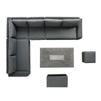 Bellagio Round Wicker Large Corner Casual Dining Set with Rising Firepit Table, Dark Grey