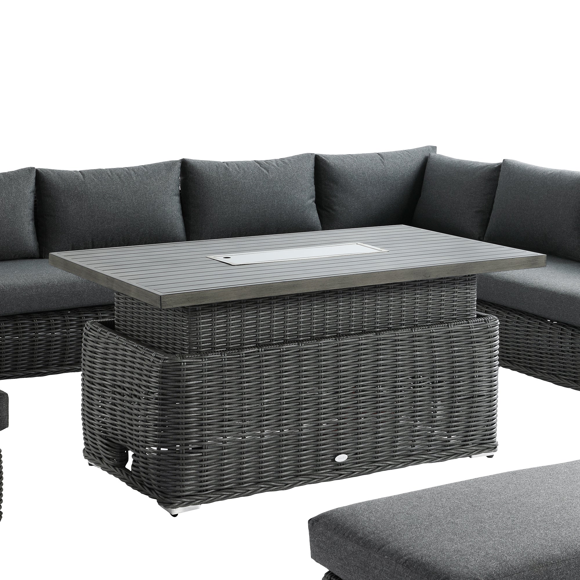 Bellagio Round Wicker Large Corner Casual Dining Set with Rising Firepit Table, Dark Grey