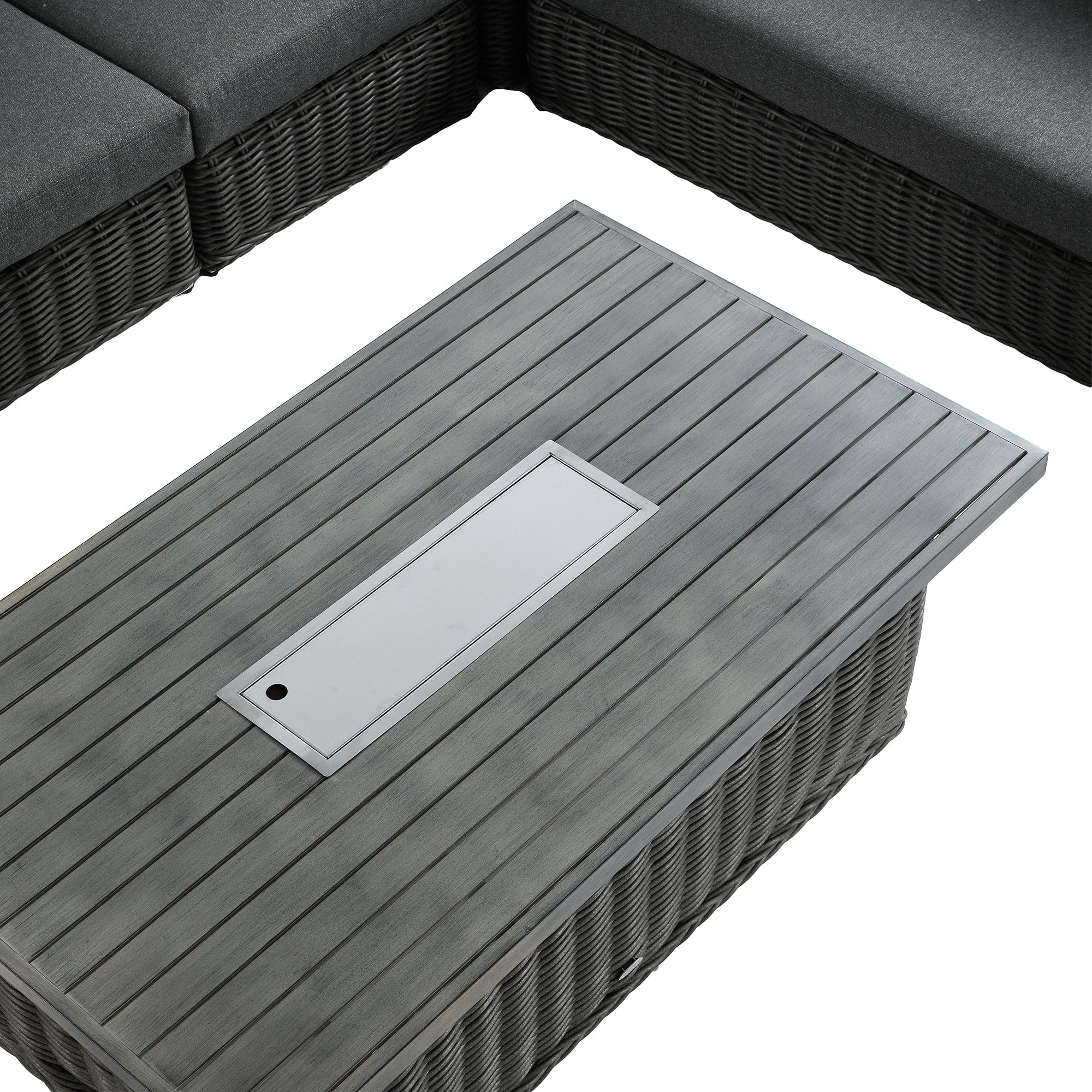 Bellagio Round Wicker Large Corner Casual Dining Set with Rising Firepit Table, Dark Grey