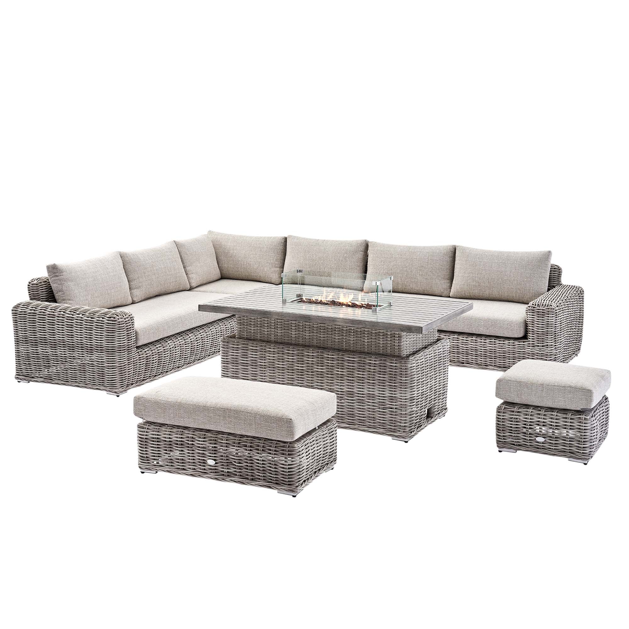 Bellagio Round Wicker Large Corner Casual Dining Set with Rising Firepit Table, Light Grey