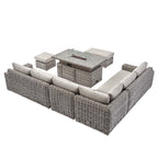 Bellagio Round Wicker Large Corner Casual Dining Set with Rising Firepit Table, Light Grey