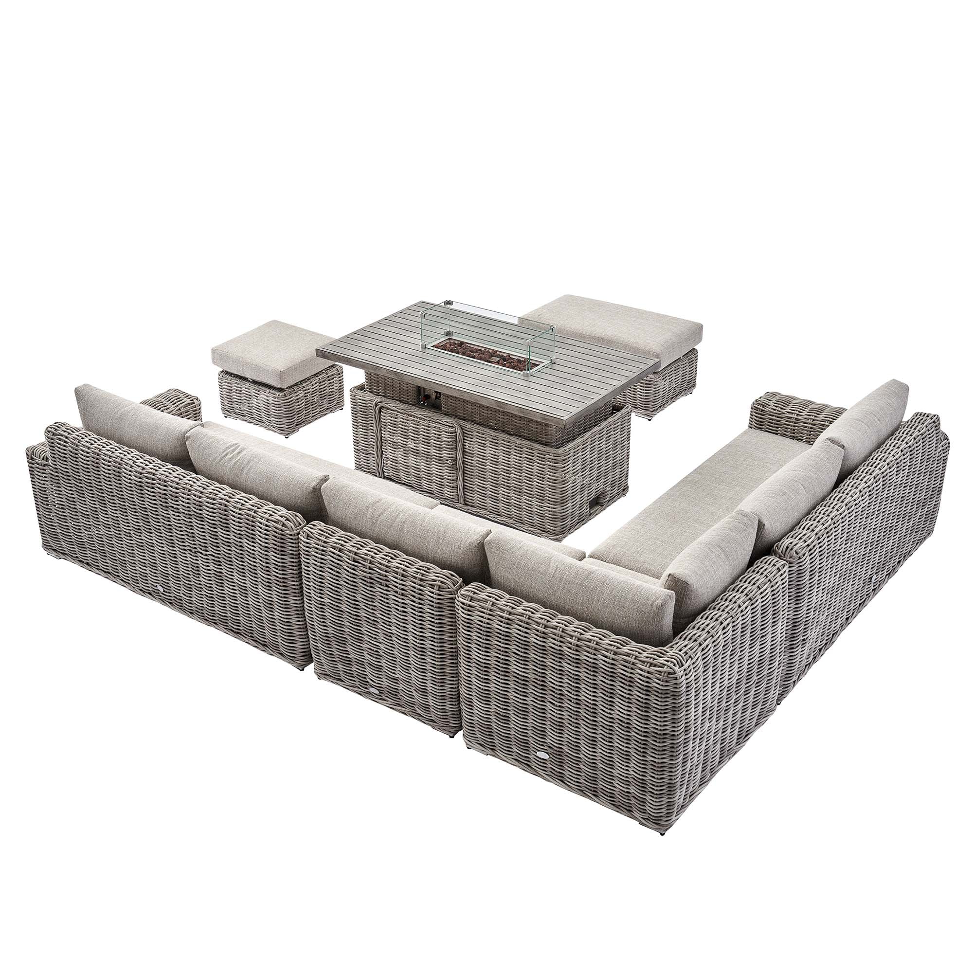 Bellagio Round Wicker Large Corner Casual Dining Set with Rising Firepit Table, Light Grey