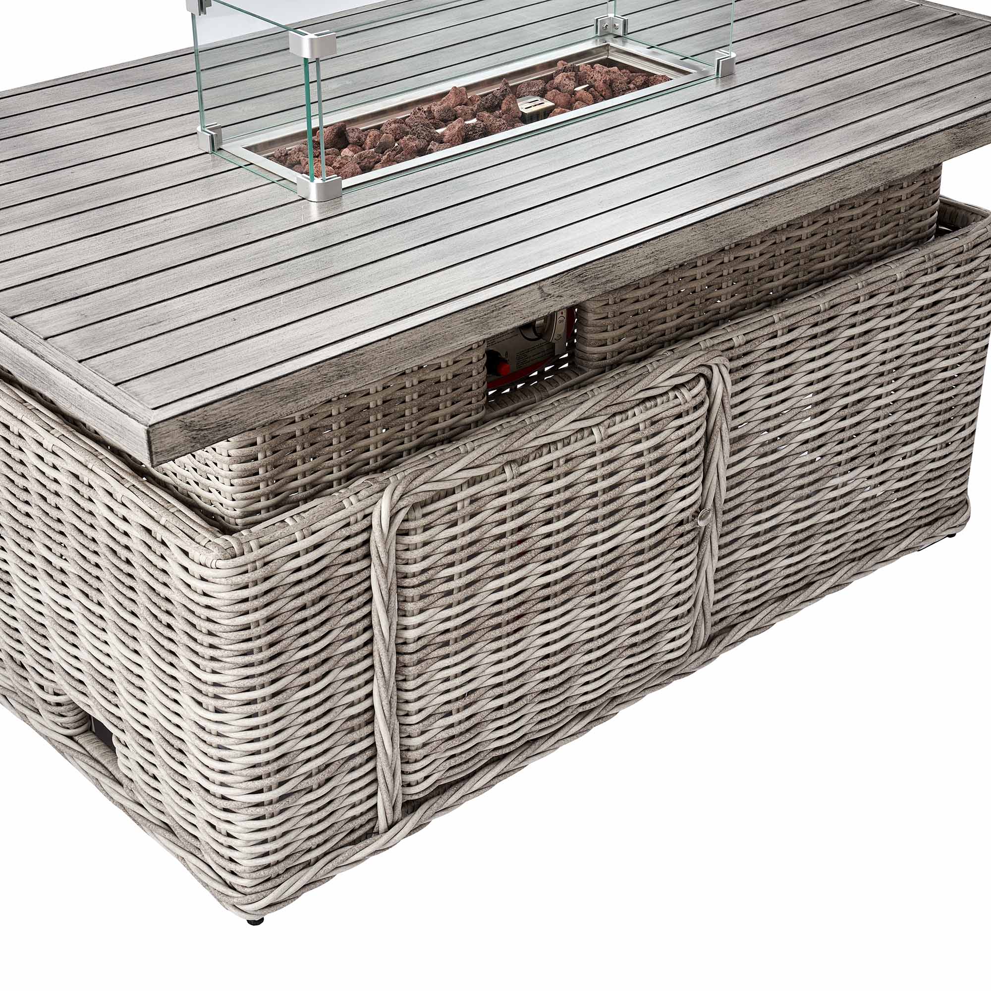 Bellagio Round Wicker Large Corner Casual Dining Set with Rising Firepit Table, Light Grey