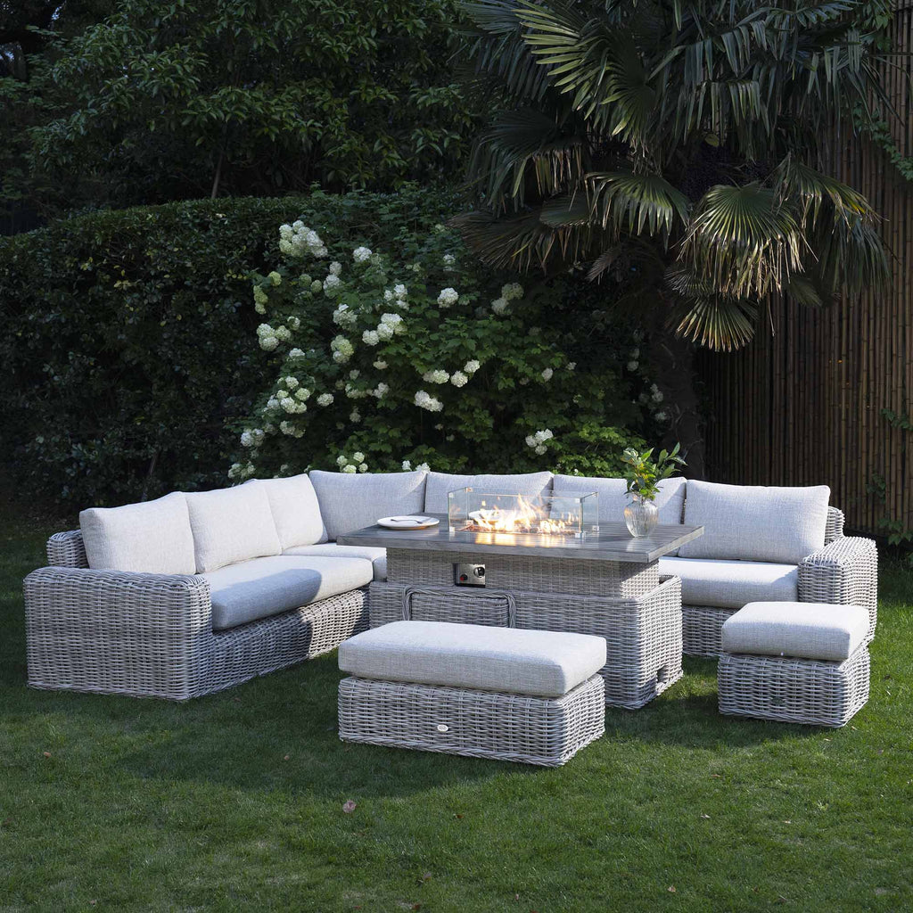 Bellagio Round Wicker Large Corner Casual Dining Set with Rising Firepit Table, Light Grey