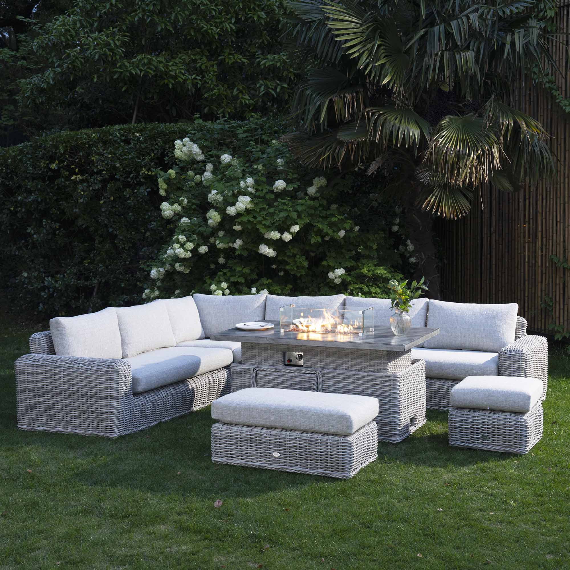 Bellagio Round Wicker Large Corner Casual Dining Set with Rising Firepit Table, Light Grey