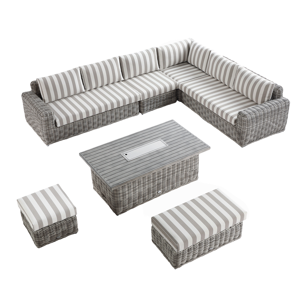 Bellagio Round Wicker Large Corner Casual Dining Set with Rising Firepit Table, Light Grey with Taupe Stripes