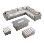 Bellagio Round Wicker Large Corner Casual Dining Set with Rising Firepit Table, Light Grey with Taupe Stripes