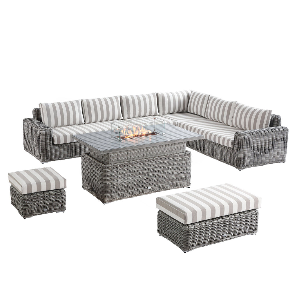 Bellagio Round Wicker Large Corner Casual Dining Set with Rising Firepit Table, Light Grey with Taupe Stripes