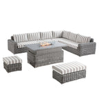 Bellagio Round Wicker Large Corner Casual Dining Set with Rising Firepit Table, Light Grey with Taupe Stripes