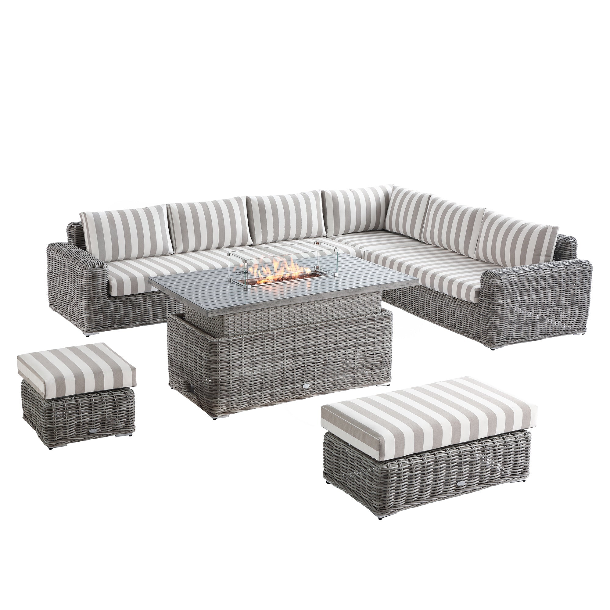 Bellagio Round Wicker Large Corner Casual Dining Set with Rising Firepit Table, Light Grey with Taupe Stripes