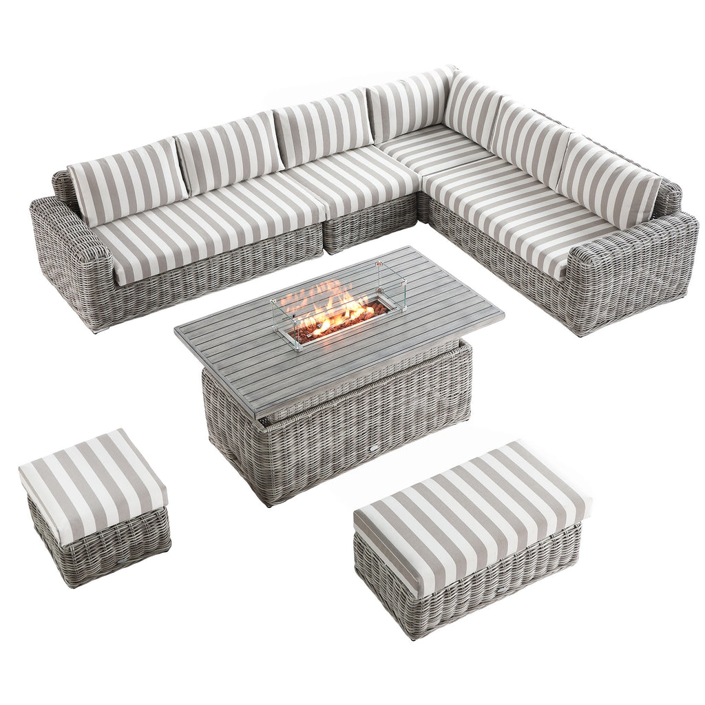 Bellagio Round Wicker Large Corner Casual Dining Set with Rising Firepit Table, Light Grey with Taupe Stripes