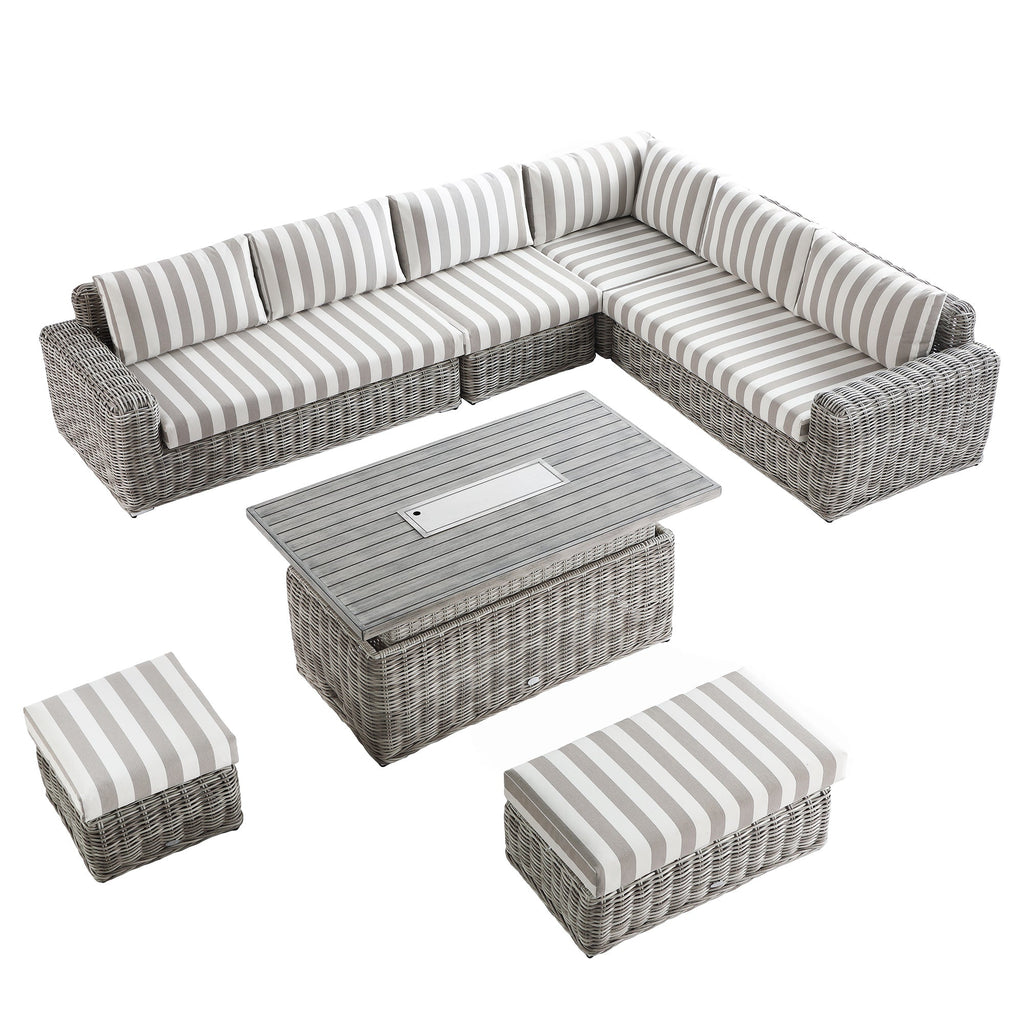 Bellagio Round Wicker Large Corner Casual Dining Set with Rising Firepit Table, Light Grey with Taupe Stripes