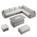 Bellagio Round Wicker Large Corner Casual Dining Set with Rising Firepit Table, Light Grey with Taupe Stripes