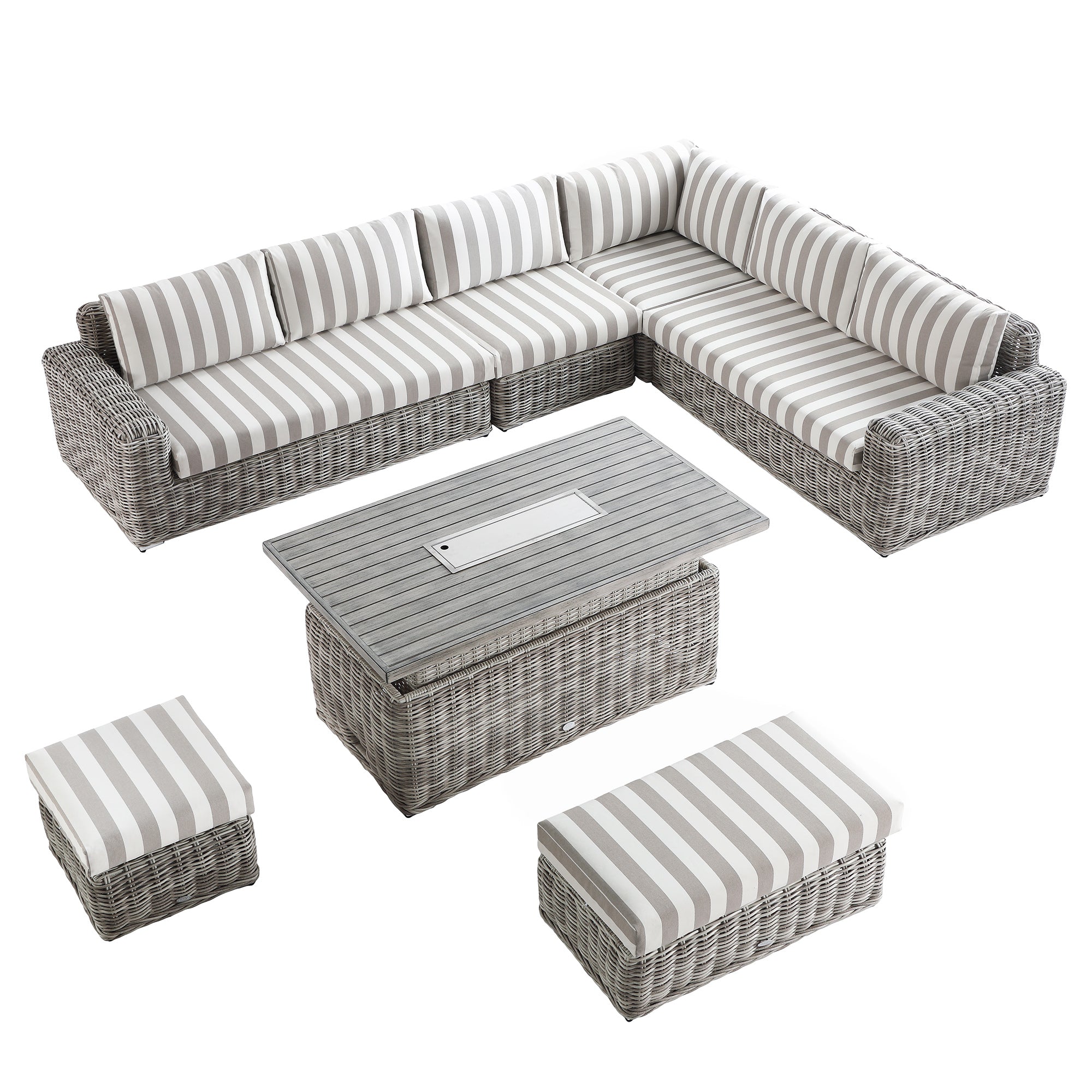 Bellagio Round Wicker Large Corner Casual Dining Set with Rising Firepit Table, Light Grey with Taupe Stripes