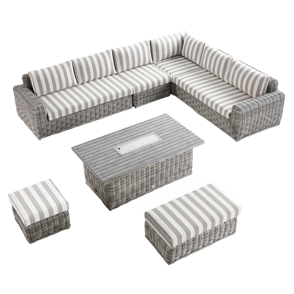 Bellagio Round Wicker Large Corner Casual Dining Set with Rising Firepit Table, Light Grey with Taupe Stripes