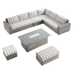 Bellagio Round Wicker Large Corner Casual Dining Set with Rising Firepit Table, Light Grey with Taupe Stripes