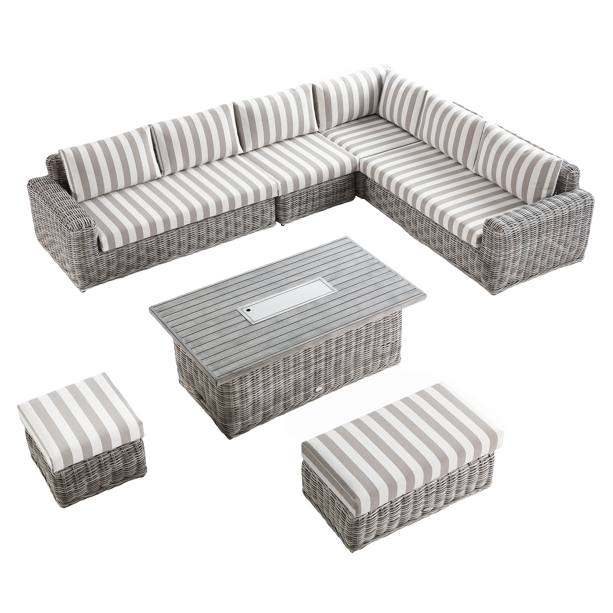 Bellagio Round Wicker Large Corner Casual Dining Set with Rising Firepit Table, Light Grey with Taupe Stripes