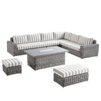 Bellagio Round Wicker Large Corner Casual Dining Set with Rising Firepit Table, Light Grey with Taupe Stripes