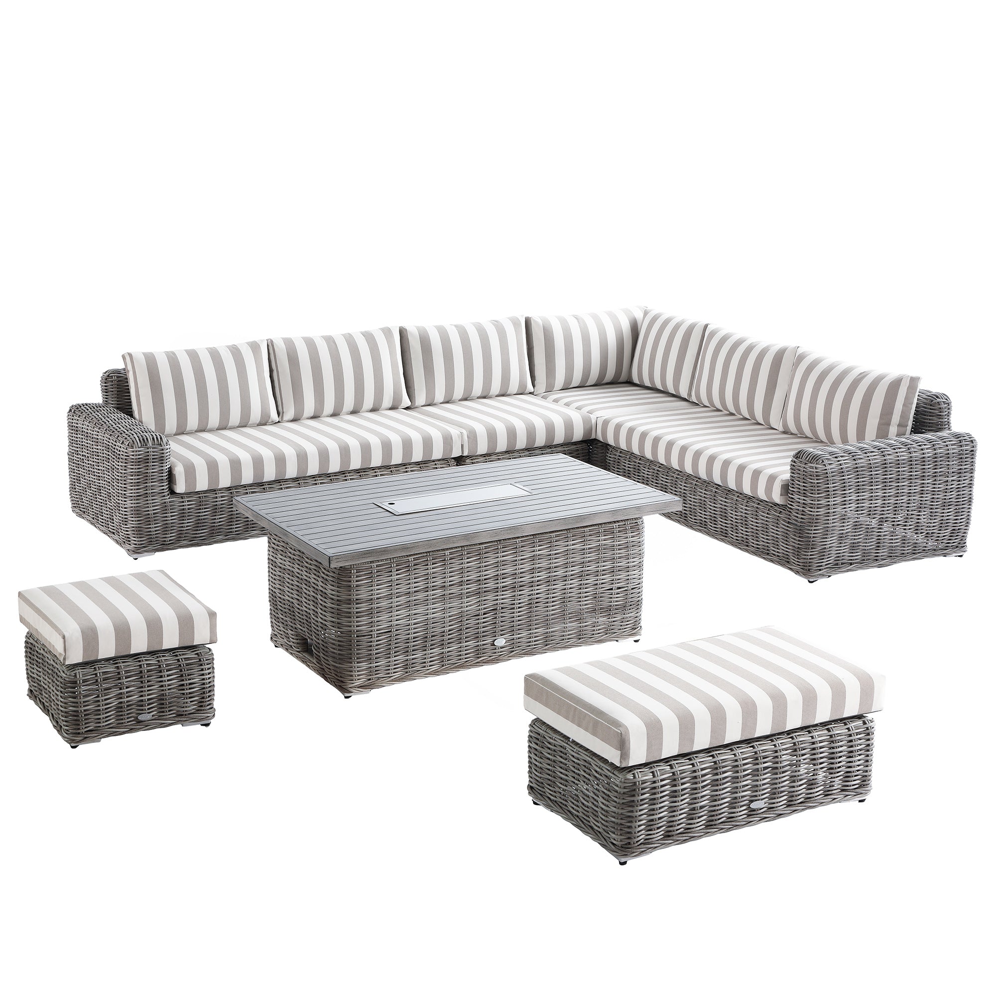 Bellagio Round Wicker Large Corner Casual Dining Set with Rising Firepit Table, Light Grey with Taupe Stripes