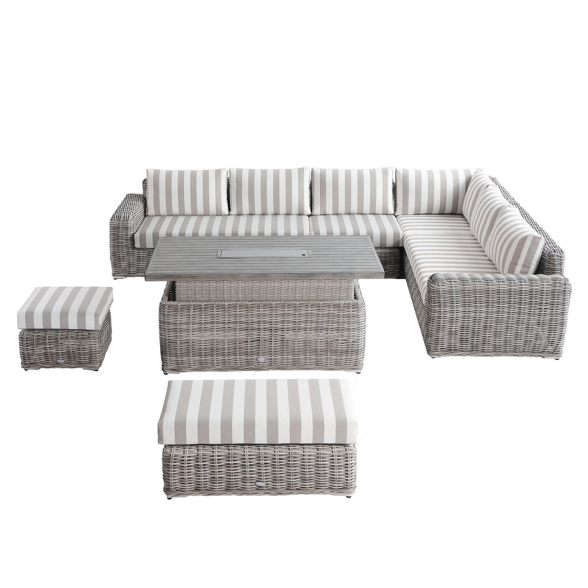 Bellagio Round Wicker Large Corner Casual Dining Set with Rising Firepit Table, Light Grey with Taupe Stripes