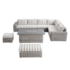 Bellagio Round Wicker Large Corner Casual Dining Set with Rising Firepit Table, Light Grey with Taupe Stripes