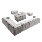 Bellagio Round Wicker Large Corner Casual Dining Set with Rising Firepit Table, Light Grey with Taupe Stripes