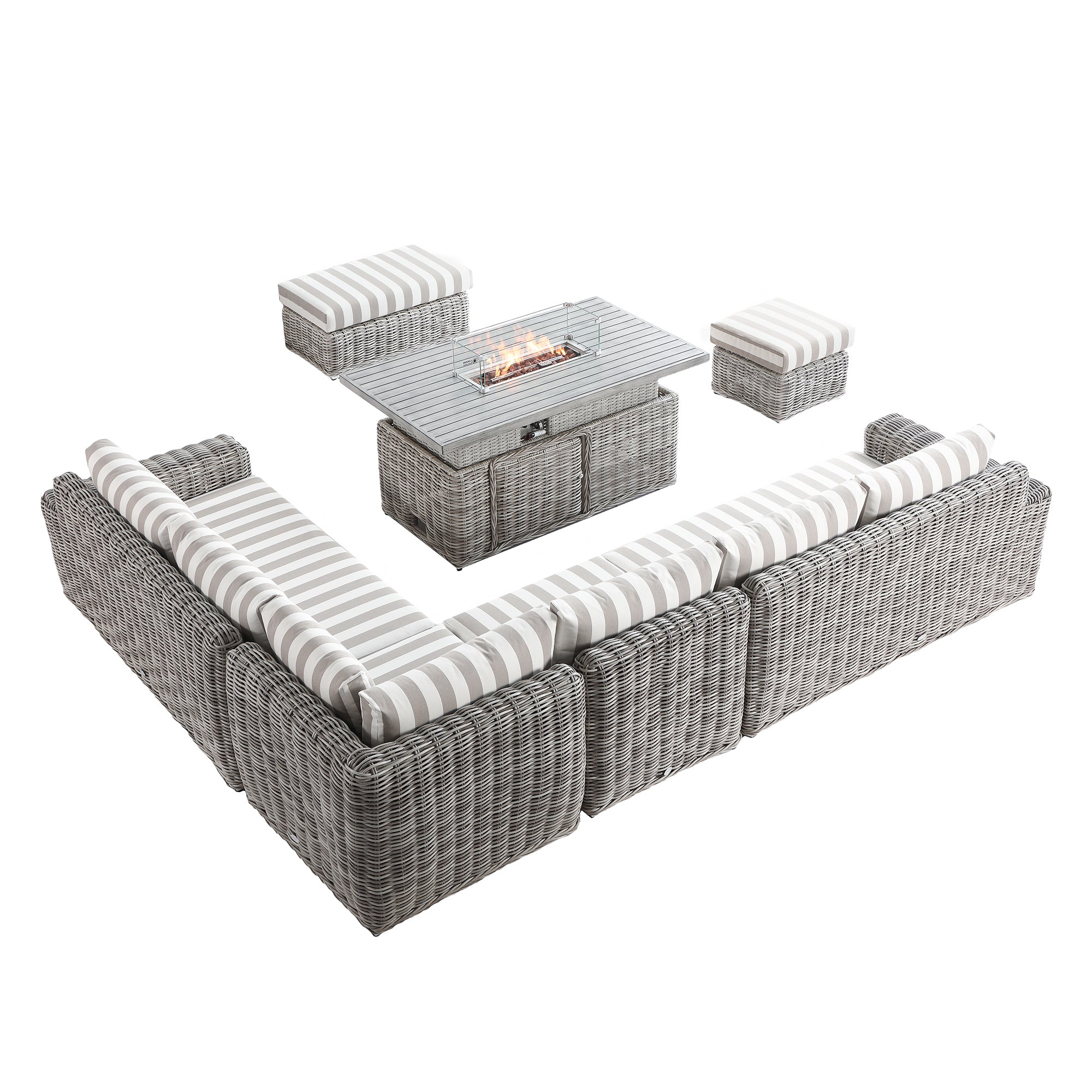 Bellagio Round Wicker Large Corner Casual Dining Set with Rising Firepit Table, Light Grey with Taupe Stripes