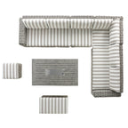 Bellagio Round Wicker Large Corner Casual Dining Set with Rising Firepit Table, Light Grey with Taupe Stripes