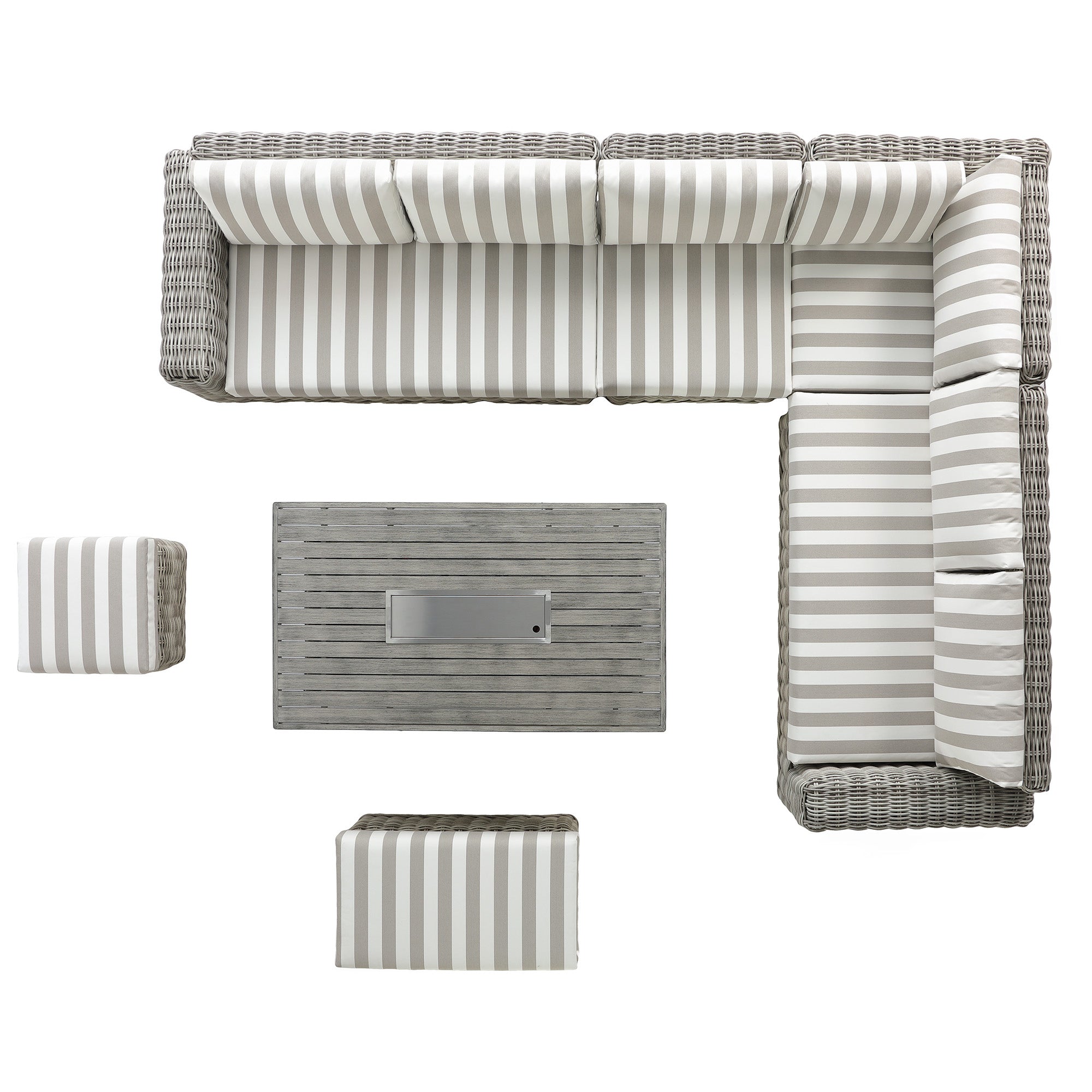 Bellagio Round Wicker Large Corner Casual Dining Set with Rising Firepit Table, Light Grey with Taupe Stripes