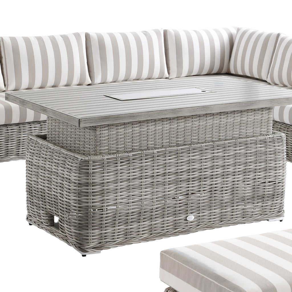Bellagio Round Wicker Large Corner Casual Dining Set with Rising Firepit Table, Light Grey with Taupe Stripes