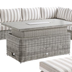 Bellagio Round Wicker Large Corner Casual Dining Set with Rising Firepit Table, Light Grey with Taupe Stripes