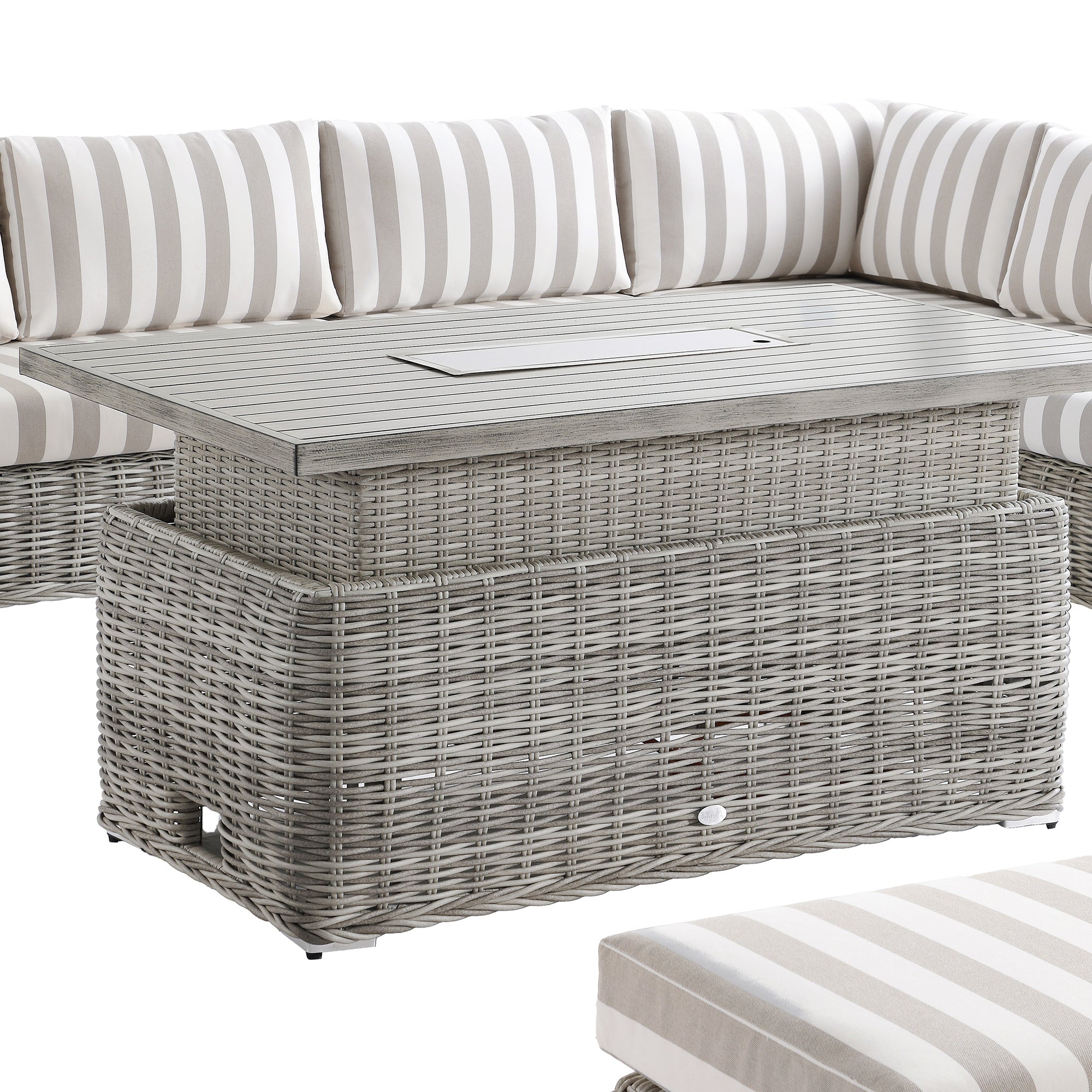 Bellagio Round Wicker Large Corner Casual Dining Set with Rising Firepit Table, Light Grey with Taupe Stripes