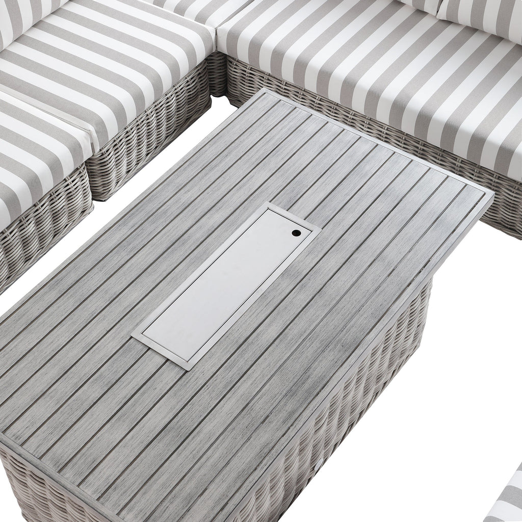 Bellagio Round Wicker Large Corner Casual Dining Set with Rising Firepit Table, Light Grey with Taupe Stripes