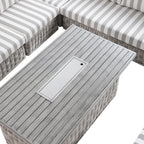 Bellagio Round Wicker Large Corner Casual Dining Set with Rising Firepit Table, Light Grey with Taupe Stripes