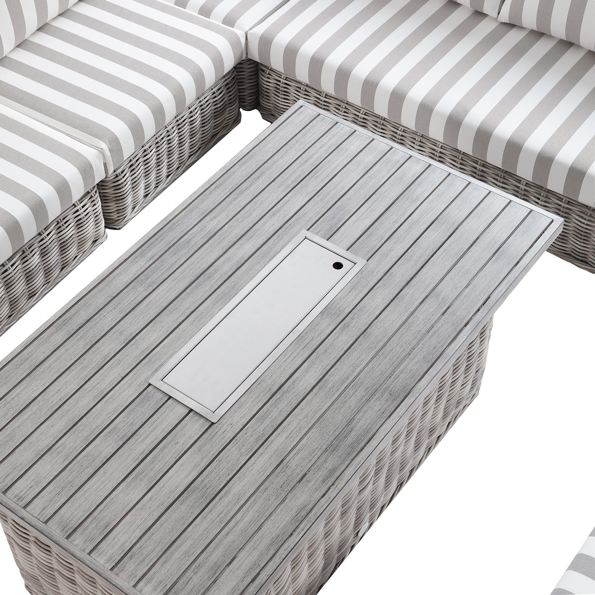 Bellagio Round Wicker Large Corner Casual Dining Set with Rising Firepit Table, Light Grey with Taupe Stripes